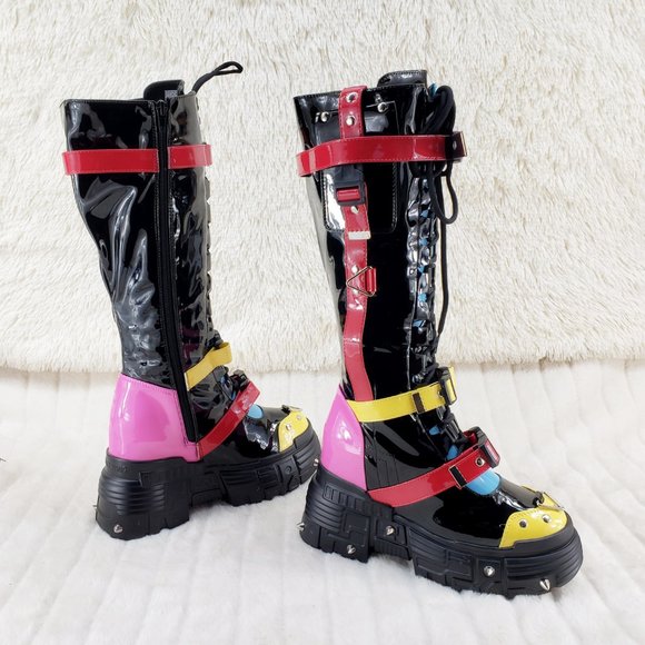 Space Cookies Hidden Wedge Platform Color Block Festival Punk Knee Boots - Picture 4 of 11